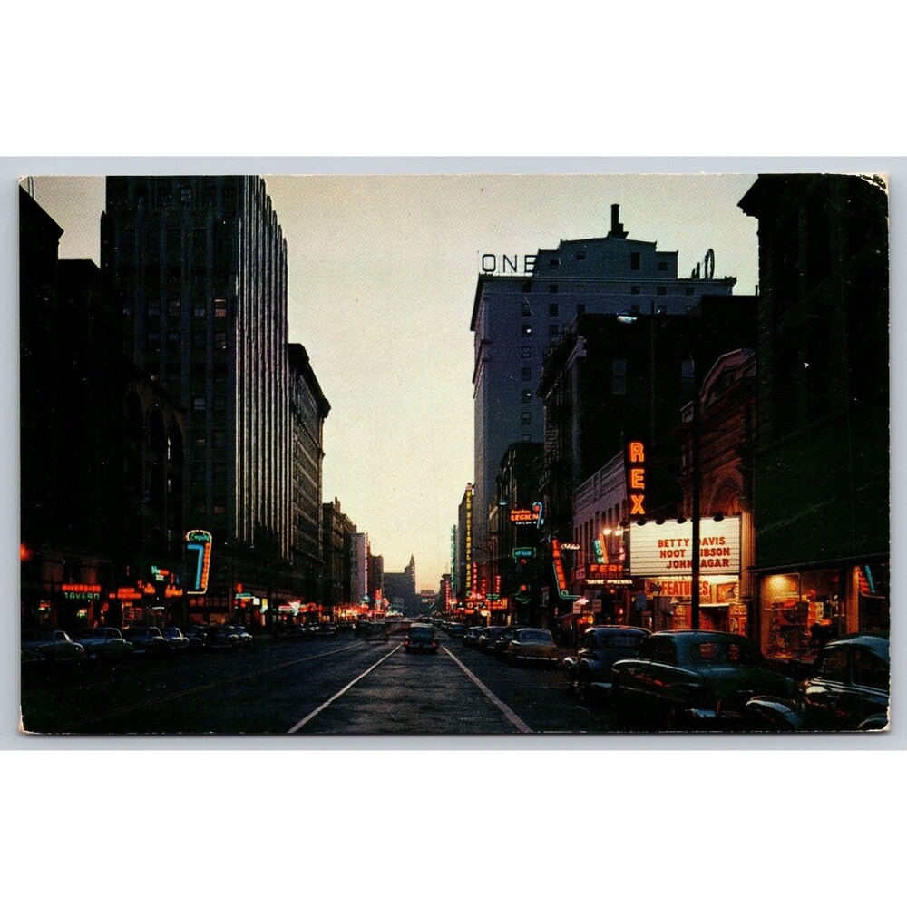 Vintage Postcard Spokane WA Riverside Ave Night Scene Rex Theater Bette Davis